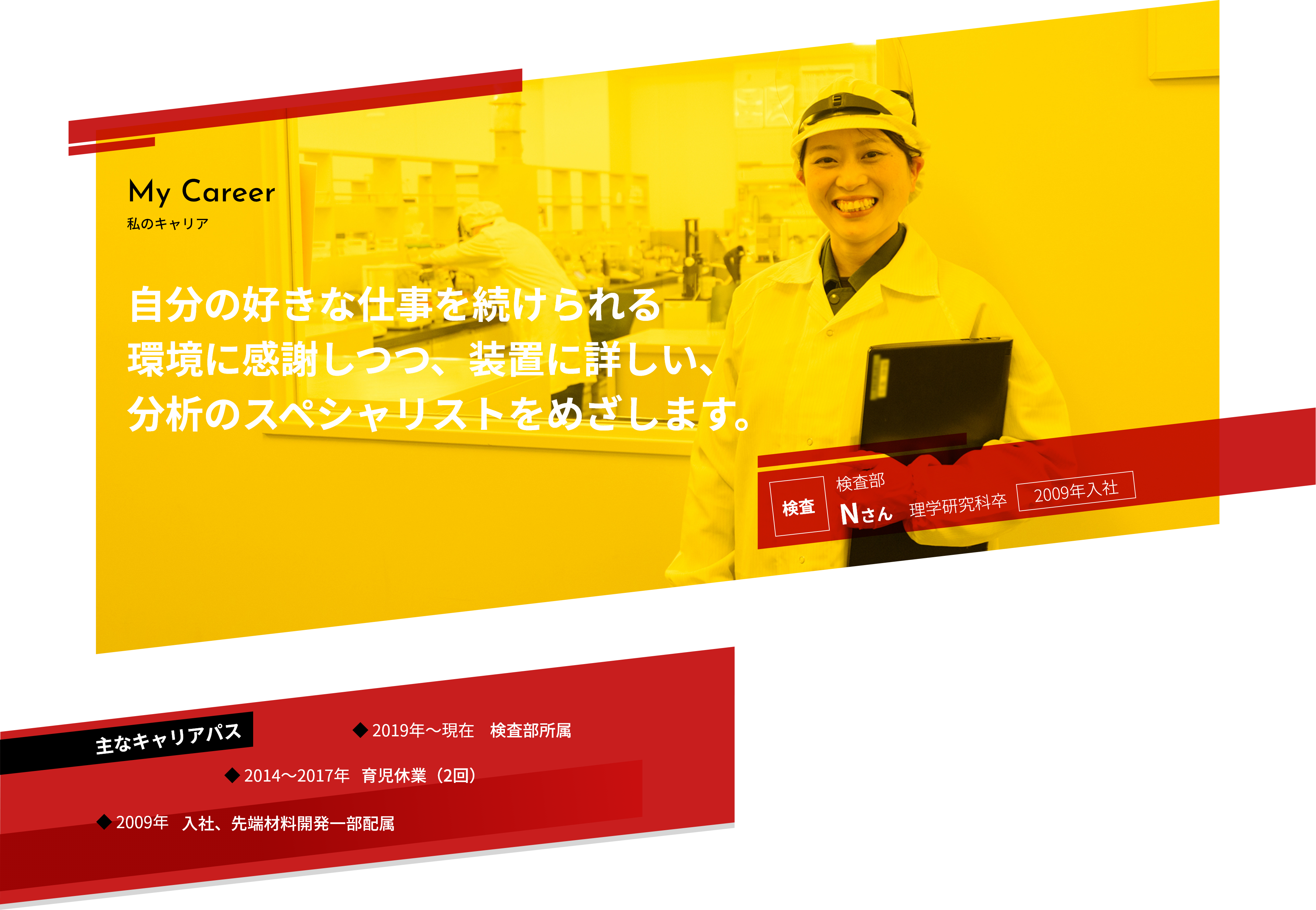 自分の好きな仕事を続けられる環境に感謝しつつ、装置に詳しい、分析のスペシャリストをめざします。