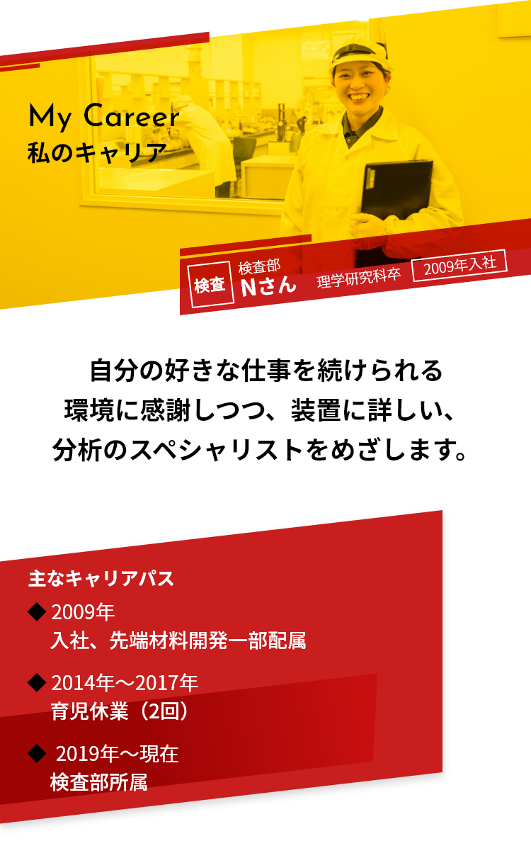 自分の好きな仕事を続けられる環境に感謝しつつ、装置に詳しい、分析のスペシャリストをめざします。